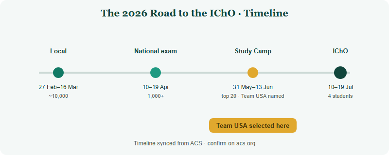 USNCO 2026 timeline from the Local Chemistry Olympiad in late February through the National exam in April, Study Camp in late May to June, and the International Chemistry Olympiad in July, marking where Team USA is selected