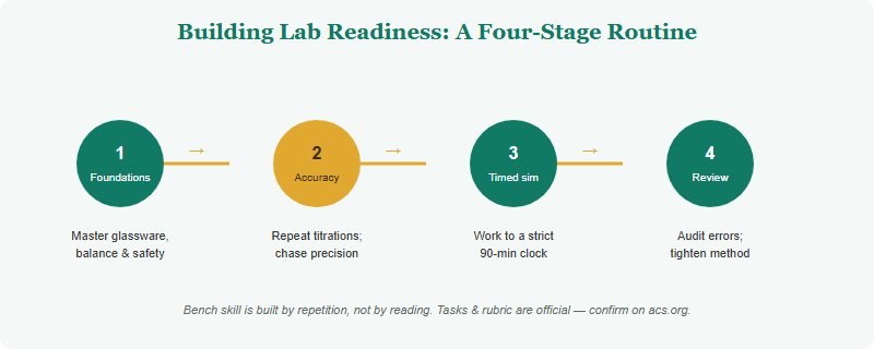 A four-stage process for building USNCO lab readiness: foundations, accuracy drills, timed simulation, and review