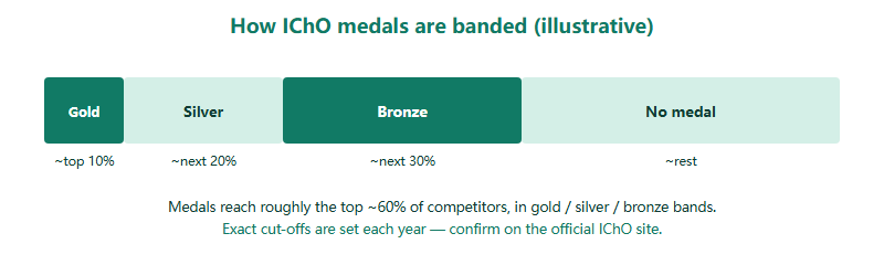 Horizontal bar showing approximate IChO medal bands: gold about top ten percent, silver next twenty, bronze next thirty, then no medal