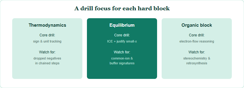 A study rotation matching each hard topic to its core drill and diagnostic focus