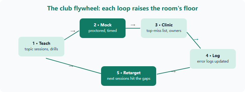 Circular semester cycle for a chemistry club: teach topics, sit a mock, review clinic, update error logs, then repeat at a higher level