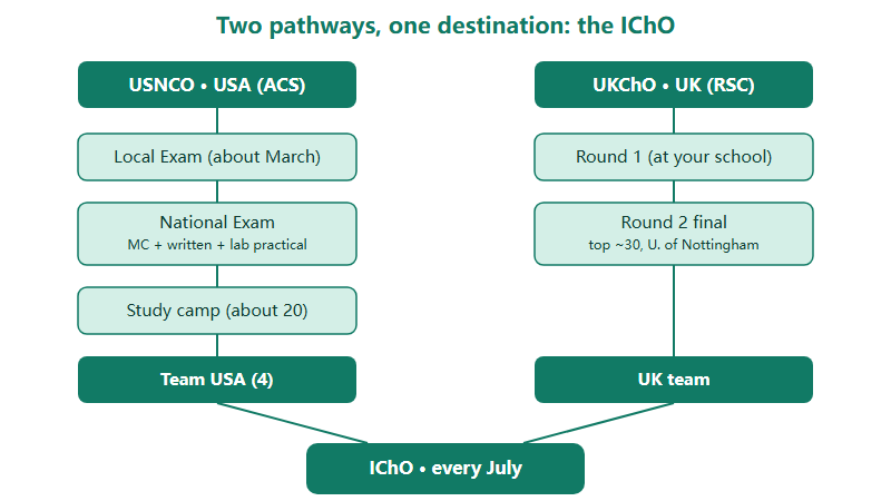 Two column diagram comparing the USNCO stages and the UKChO stages, both converging on the International Chemistry Olympiad